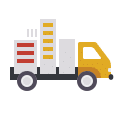 a yellow truck with a building on it